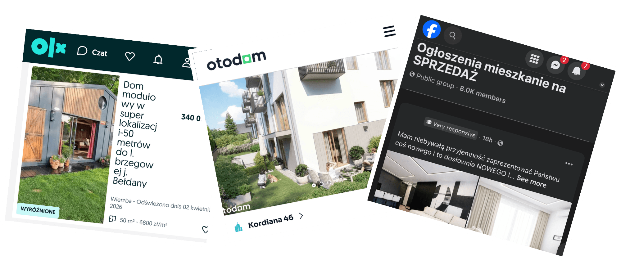 Ogłoszenia nieruchomości na portalach OLX, Otodom i Facebook